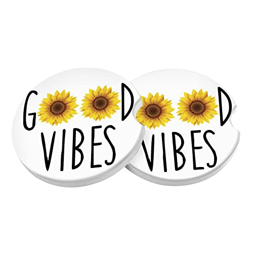 Car Coasters 2 Pack, Small 2.56" Stone Car Cupholder Absorbent Coaster Set for Women Men Drink Cup Holder Coasters (Good Vibes) - color: Good Vibes