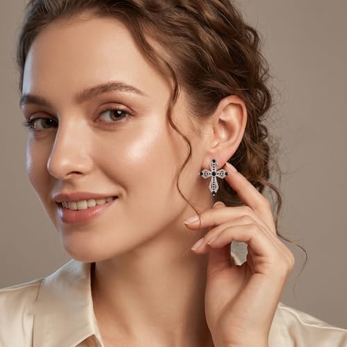 Sterling Silver Dainty Cross Earrings For Women, Christian Religious Faith Cubic Zirconia Stud Earrings - color: black zirconia