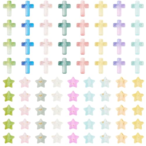 200Pcs Cross Star Acrylic Beads with Gold Foil Pastel Kandi Bead Crucifix Bracelet Halloween Beads for Keychain Crafts DIY Easter Jesus Bracelet Rosary Jewelry Making Supplies - color: Random Gradient