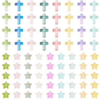 200Pcs Cross Star Acrylic Beads with Gold Foil Pastel Kandi Bead Crucifix Bracelet Halloween Beads for Keychain Crafts DIY Easter Jesus Bracelet Rosary Jewelry Making Supplies - color: Random Gradient