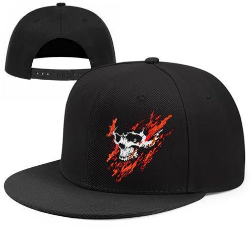 Skull Flat Bill Hats for Men Women Adjustable Dad Trucker Hat Skeleton Snap Backpack Hats for Hip-hop Running Cycling - color: Fire Skeleton