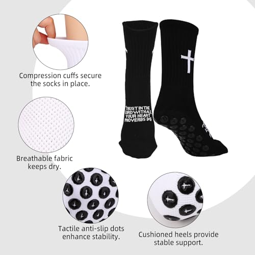 Mikovivi 2 Pairs Cross Grip Soccer Socks with Bible Verses, Anti-Slip Jesus Christian Catholic Football Socks for Men & Women Youth Sports (US Sizes 6-13)