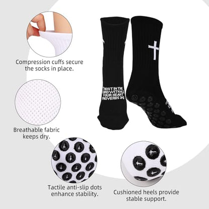 Mikovivi 2 Pairs Cross Grip Soccer Socks with Bible Verses, Anti-Slip Jesus Christian Catholic Football Socks for Men & Women Youth Sports (US Sizes 6-13)