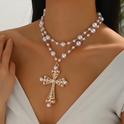Pearl Cross Necklace Big Cross Pendants Necklaces for Women Chunky Pearl Necklace Gothic Cross Necklace Punk Vintage Cross Jewelry Women - style: Gold 05