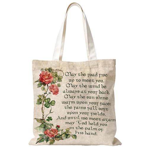 Christian & Irish Blessing Floral Tote Bag, Bible Verse Faith Canvas Tote Bags for Women - color: Vintage Irish Blessing