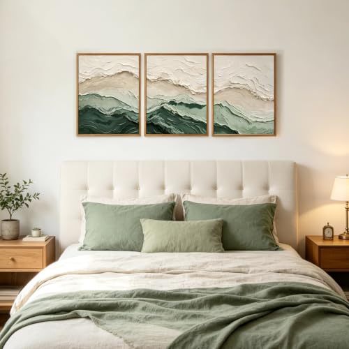 Aurlan 3D Textured Green Abstrcat Ocean Framed Canvas Wall Art 12x16 Inch - color: Green Beige (3D Textured), size: 12"L x 16"W
