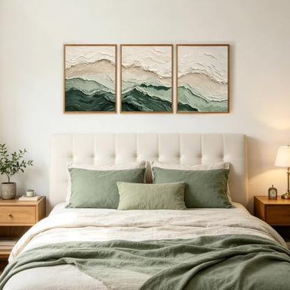 Aurlan 3D Textured Green Abstrcat Ocean Framed Canvas Wall Art 12x16 Inch - color: Green Beige (3D Textured), size: 12"L x 16"W