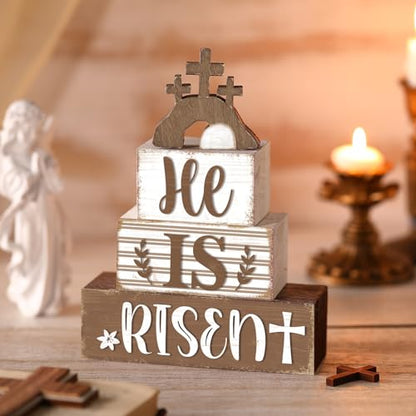 4 Pcs Easter Table Decorations Wooden Table Sign Religious Wood Centerpieces Bunny Blocks Farmhouse Spring Tiered Tray Decor for Home Kitchen Shelf(Rustic Cross) - style: Rustic Cross