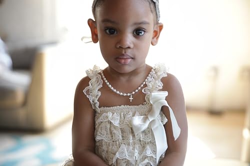 Christening Sterling Silver Child Necklace with Cross Charm and White European Simulated Pearls and Crystals (NCRSE)