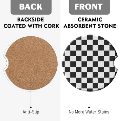 2 Pack Car Coasters for Cup Holders, Cute Car Accessories Interior - color: Grid-black