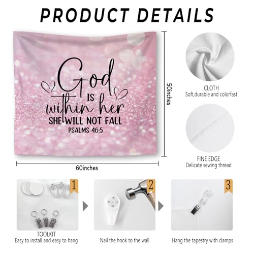 Foritho Sparkling Pink Christian Tapestry, God Is Within Her She Will Not Fall Bible Verse Tapestry Wall Hanging, Religious Wall Tapestries for Girls Bedroom Dorm Home Decor, 50x60 Inch - color: Color 08