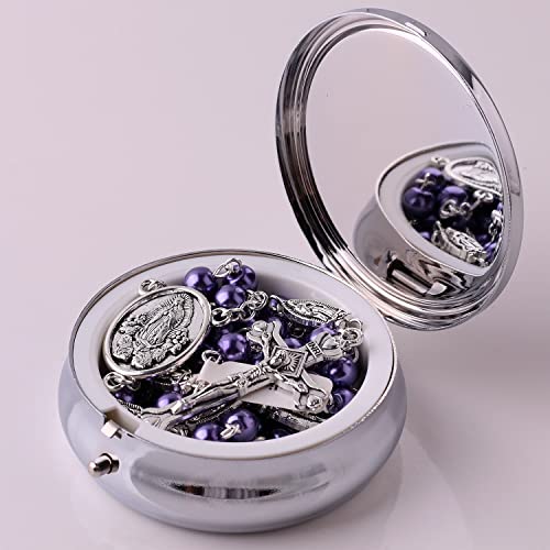 HanlinCC Guadalupe Catholic Rosary Glass Pearl Beads Necklace with Gift Box - color: Guadalupe Rosary Purple