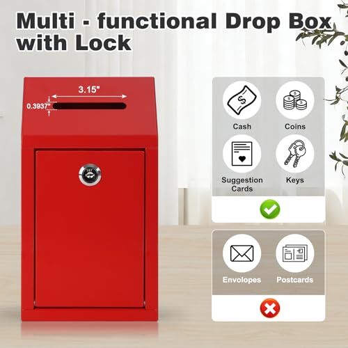 KYODOLED Cash Box for Farm Stand, Money Drop Box with Lock & Slot, Red - color: Red, size: 10.24 x 5.7 x 2.95 Inch