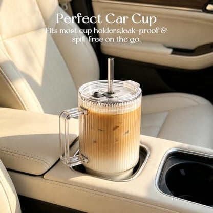KEMORELA 24oz Ribbed Glass Cup with Lid & Straw,Iced Coffee Cup with Handle - color: 24oz--Ribbed