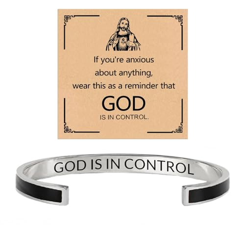God is in Control Leather Bracelet, Stainless Steel Christian Faith Braided Engraved Bar Bracelets Self Worth Motivation Bracelet Inspirational Friendship Jewelry for Men Women - color: 09Black&Silver