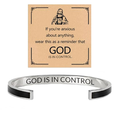 God is in Control Leather Bracelet, Stainless Steel Christian Faith Braided Engraved Bar Bracelets Self Worth Motivation Bracelet Inspirational Friendship Jewelry for Men Women - color: 09Black&Silver