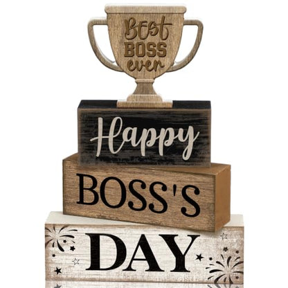 Moucuny 4 Pcs Boss Day Table Decorations Rustic Trophy Wooden Blocks Decor - style: Happy Boss’s Day