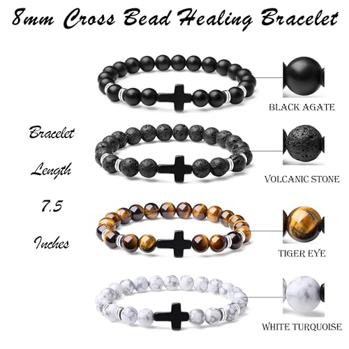 Mens Beaded Bracelets, 8MM Beaded Bracelets for Men, Natural Tiger Eye Bead Bracelet, Stretch Elastic Beads Bracelets for Men - color: volcanic yellow white black