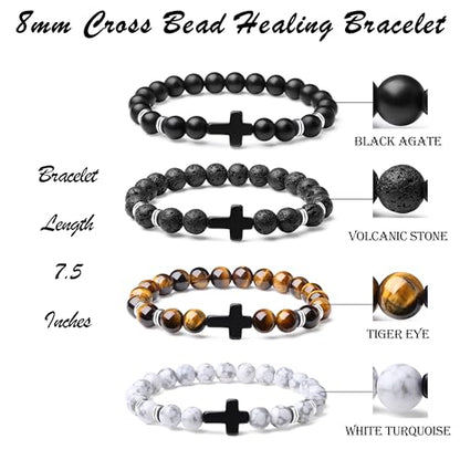 Mens Beaded Bracelets, 8MM Beaded Bracelets for Men, Natural Tiger Eye Bead Bracelet, Stretch Elastic Beads Bracelets for Men - color: volcanic yellow white black