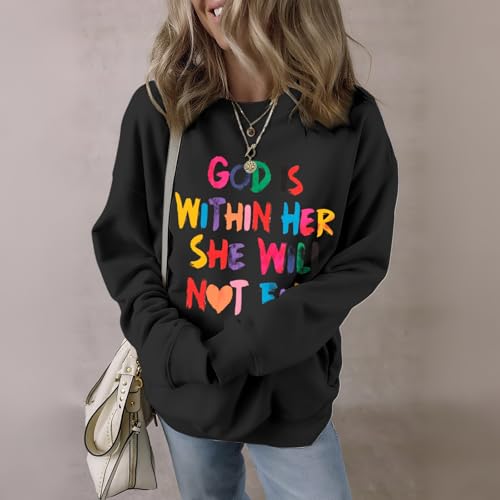 Wrenpies Christian God Is Within Her Sweatshirts for Women Jesus Faith Bible Verse Shirts Inspirational Hoodie Pullover Tops - color: Black, size: Large