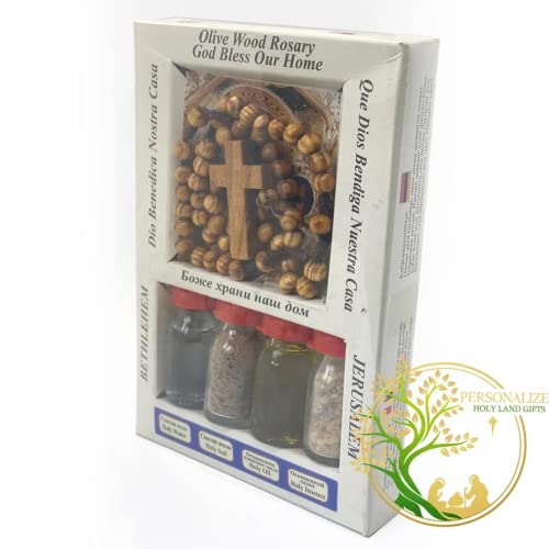 Holy Water | Olive Oil | Holy Land Soil & Frankincense from Bethlehem | Comes with Olive Wood Rosary | Religious Gift