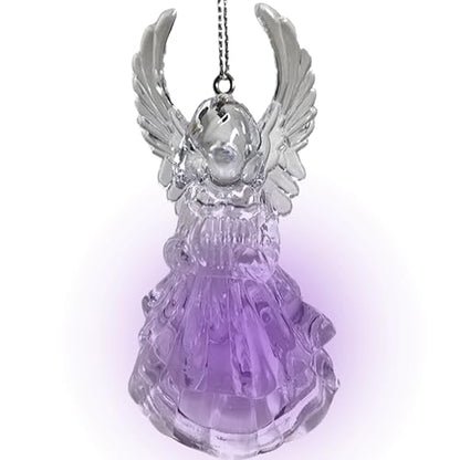 Lighted Acrylic Angel Christmas Ornaments Set of 4, Clear LED Angel Figurines with Reading Book, Horn, Harp & Praying Designs, 4.25 Inch Hanging Angel Tree Decorations, Religious Holiday Décor