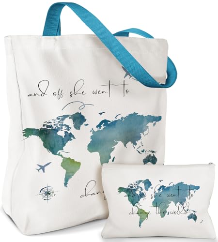 Miss Adola Aesthetic 2 Pack Canvas Tote Bag - with Makeup Zipper Pouch for Women Bag for Shopping, Gym, Travel, Vacation - color: Watercolour Map