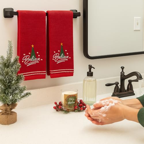 Christmas Red Guest Hand Bathroom Towels, Elegant Believe XMas Tree, 16x26" - color: Red