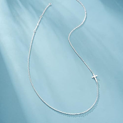 AllenCOCO Sterling Silver Cross Necklace for Women, 14K Gold or Silver Dainty Small Cross Pendant Choker Simple Trendy Cute Cross Charm Chain Easter Baptism Religious Faith Jewelry Gift - color: Sideways Cross-Silver