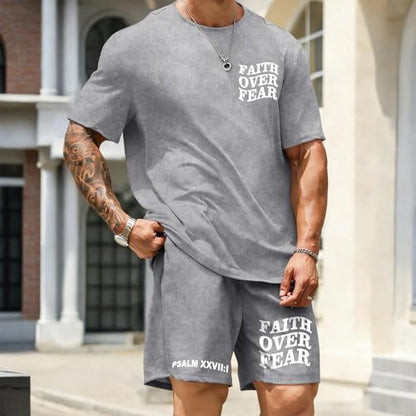 Men's Christian Shirt and Shorts Set Oversized Faith Over Fear T Shirt Washed Religious Bible Verse 2 Piece Outfits - color: Light Gray, size: XX-Large