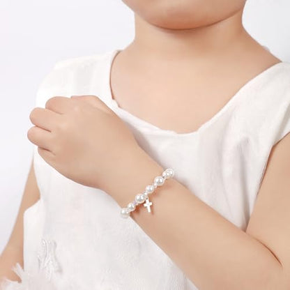 Pearl Cross Bracelets for Girls, Sterling Silver Baby Bracelet, Baptism Gifts for Girl, Christening and First Communion Christian Jewelry Gift for Kids