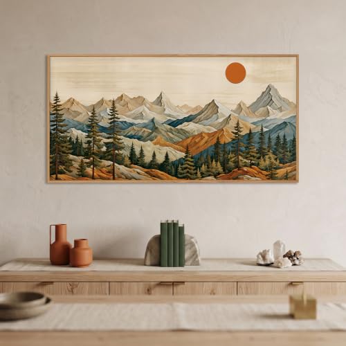 Boho Mountain Woodcut Framed Canvas Wall Art 20"X40" - color: Boho Woodcut Wall Art, size: 20"L x 40"W