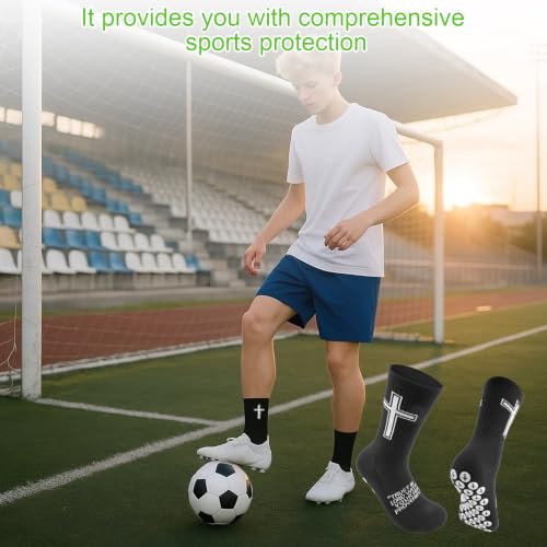 Christian Soccer Socks,Cross Grip Anti Slip Religious Football Socks with Rubber Dots for Youth and Men - color: Black