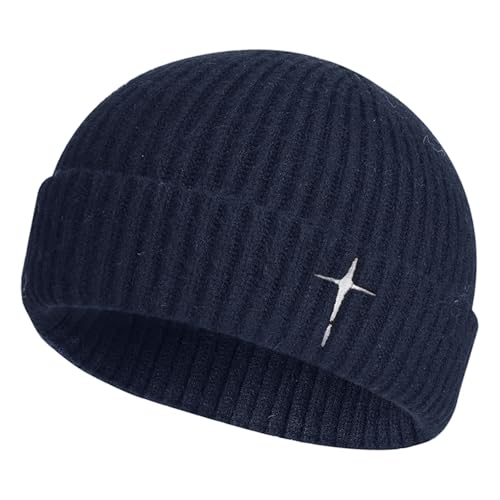 Men's Knitted Skull Cap Cross Embroidered Fisherman Beanie - color: Navy Blue