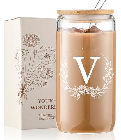 Personalized Gifts for Women, Monogrammed 16oz Glass Cups with Bamboo Lids and Straws, Customized Glass Tumbler, Cute Custom Mug, Customizable Initial Iced Coffee Glasses, Birthday Bridesmaid Mom, V - style: V