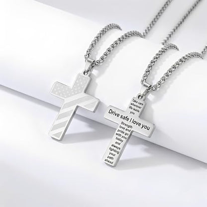 Cross Pendant for Car Rearview Mirror Hanging, Stainless Steel Cross with Drive Safe Message, Meaningful Car Charm Gift for Drivers and Loved Ones (Silver) - color: Silver