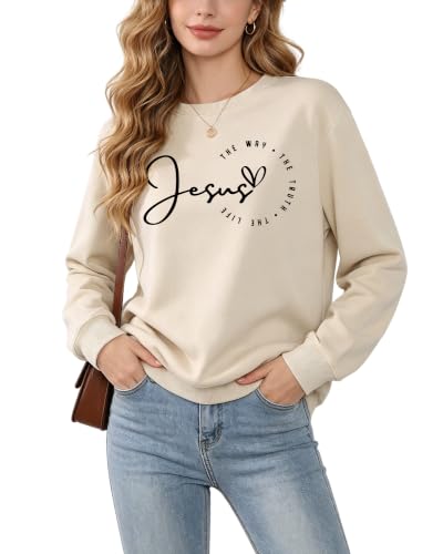 Christian Sweatshirts for Women Jesus Long Sleeve Graphic Shirts - color: Beige1, size: Medium