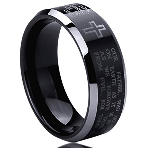 8mm Stainless Steel Wedding Band Ring for Men & Women Lord's Prayer Engraved Cross Praying Ring for Men & Woman