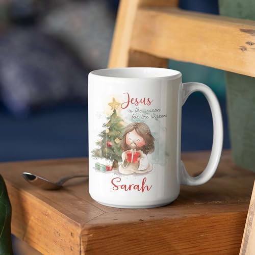 Personalized Jesus In Christmas White Mugs, Custom Jesus Christian Themed Decorative Teacup, Customized Unique Name Travel Cup With Jesus And Pine Tree Design, Religious Coffee Mug - color: XUA-324-1554-Jesus In Christmas Day