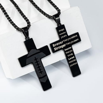 Football Cross Necklace, Black Cross Necklace for Dad Son Grandson - style: Always remember