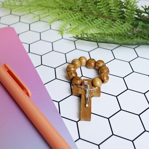 Needzo Wooden Rosary Ring, Catholic Cross on Devotional Prayer Beads, Religious Handout and Gifts, Pack of 3