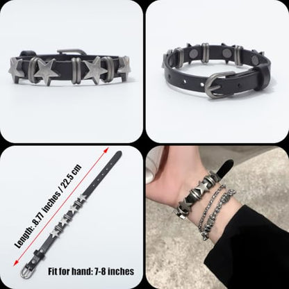 4 Pcs Leather Cuff Bracelets for Men with Spiked Cross Studded Stars Charms - color: Black-Stars Studs