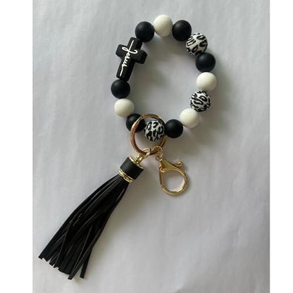 Silicone Beaded Jesus Cross Wristlet Keychain Leather Tassel,Key Ring Wrist Bangle,Key Chains Bracelet Women - color: Black Cross