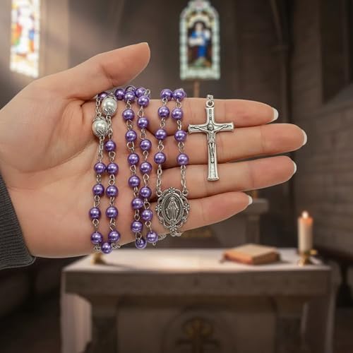 Nazareth Store Pearl Beads Rosary White Our Father Beaded Necklace Lourdes Medal & Cross Crucifix Spiritual Devotion - color: Purple