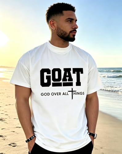 Men's Christian Graphic T-Shirt,Goat(God Over All Things) 100% Cotton Tee - color: White, size: Medium