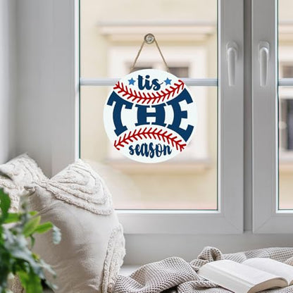 Baseball Sport Front Door Sign, Tis The Season Wood Hanger Outdoor - color: Baseball