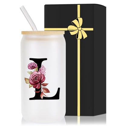 Monogrammed Glass Drinking Cup With Lid Straw Women Lady Boss Coworker Colleague Manager Team Gifts Member Employee Boss Executive Assistant Inter Birthday Farewell Leaving Retirement Christmas,L - style: Letter L