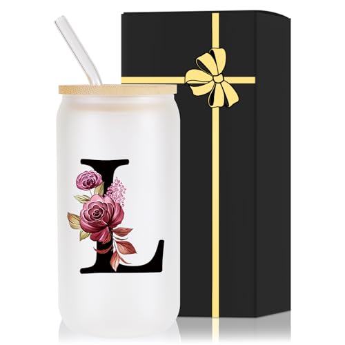 Monogrammed Glass Drinking Cup With Lid Straw Women Lady Boss Coworker Colleague Manager Team Gifts Member Employee Boss Executive Assistant Inter Birthday Farewell Leaving Retirement Christmas,L - style: Letter L
