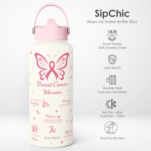Breast Cancer Awareness Stainless Steel Water Bottle 32 Ounces with Lid & Straw, Sport Insulated Bottles for Girls Women - color: Breast Cancer Awareness