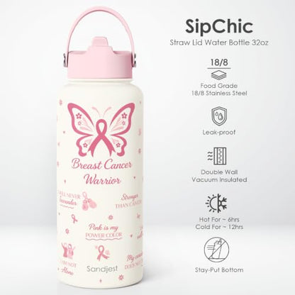 Breast Cancer Awareness Stainless Steel Water Bottle 32 Ounces with Lid & Straw, Sport Insulated Bottles for Girls Women - color: Breast Cancer Awareness